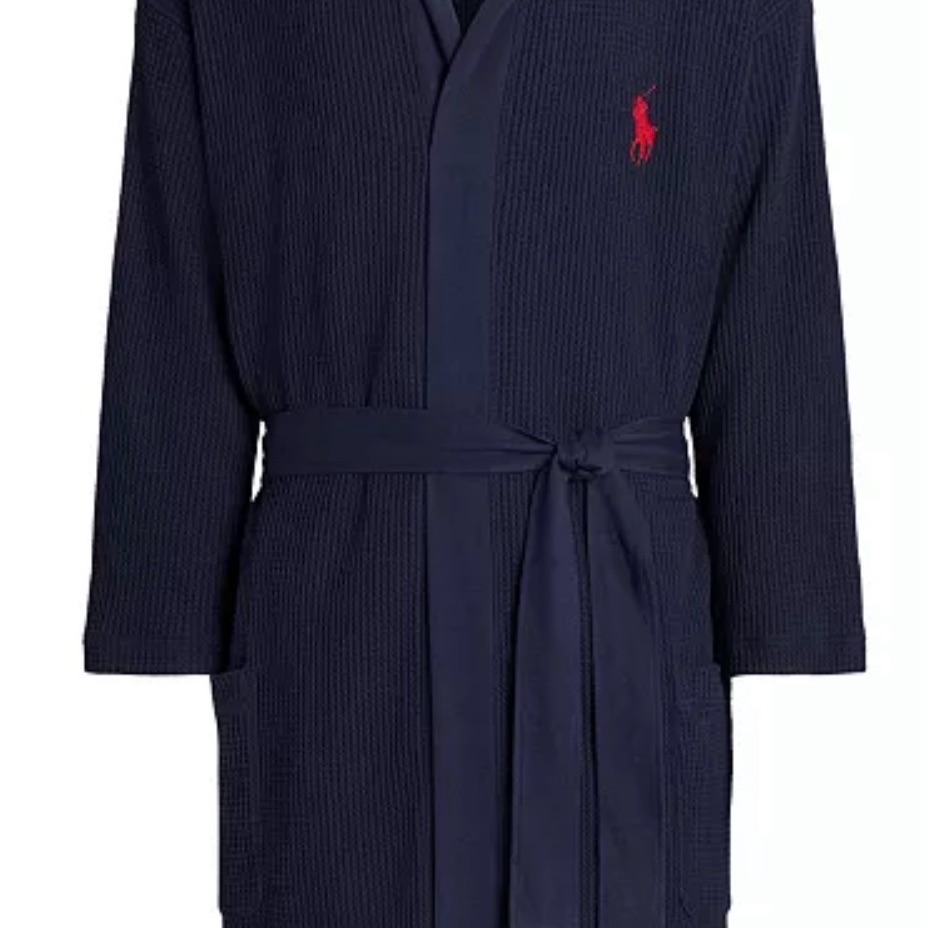 Polo By Ralph Lauren Hooded Waffle Knit Robe With Belt - Navy